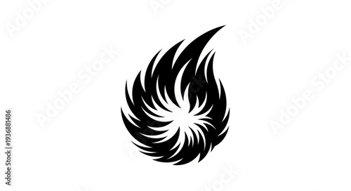 Intense black flame illustration, representing burning energy and dynamic movement, isolated on white background.
