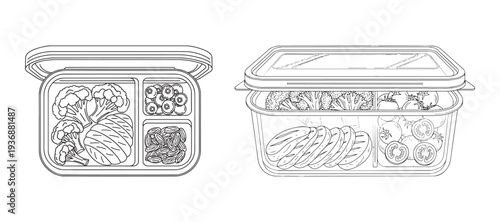 Healthy meal prep lunch box set with vegetables fruits and protein snacks line art vector graphics