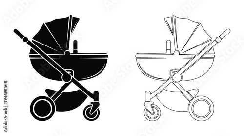 Baby stroller vector illustration set with solid fill and outline style on transparency