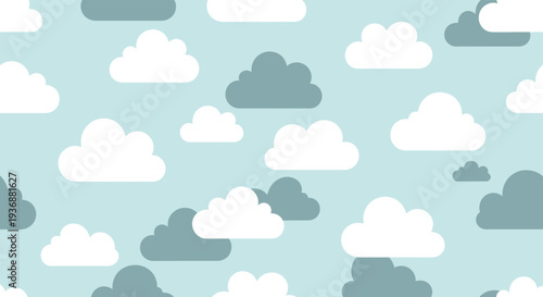 A seamless pattern of white and gray clouds on a light blue background for design and decoration
