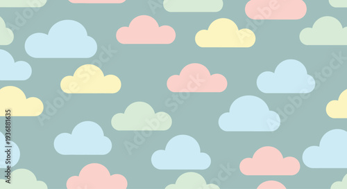 A colorful pattern of whimsical clouds in pastel shades on a soft gray background