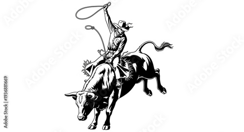 Cowboy Riding a Bucking Bull, Lasso in Hand, Black and White Illustration.