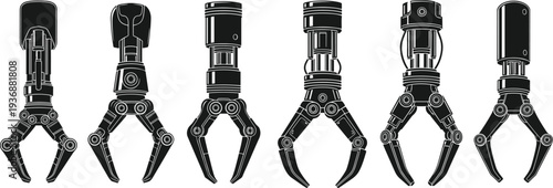 Industrial robotic gripper claw set, robotic arm end effector collection, automation factory robot hands vector illustration technology engineering design