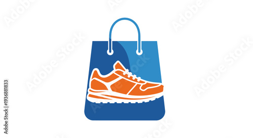 Blue shopping bag with an orange sneaker inside, online shopping and retail concept, isolated white background.