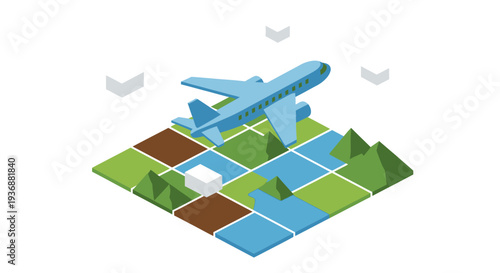 Isometric blue airplane flying over a grid of land squares, global logistics and travel planning concept.