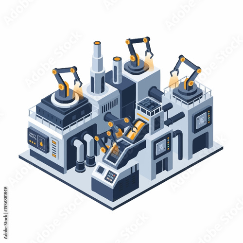 Automated Industrial Manufacturing Factory with Robotic Arms.