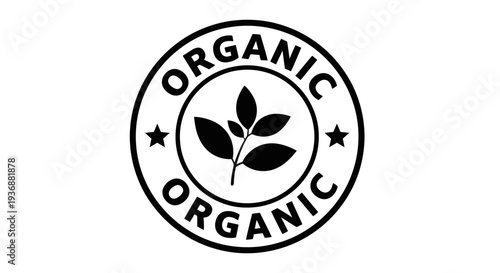 Organic food product label with leaves and stars in a circle, isolated white background.
