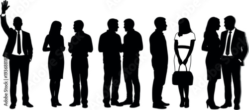 Business people silhouettes collection vector illustration featuring corporate men and women standing, talking and greeting isolated black office worker se
