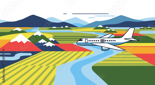 White commercial airplane flying over a scenic rural landscape with fields, river, and mountains, global travel concept.