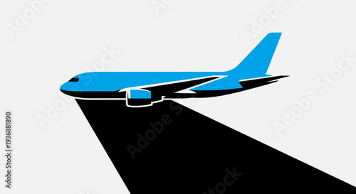 Blue commercial airplane flying in a simplified grey background, air travel and transport concept.
