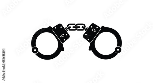 A black silhouette depicts a pair of open metal handcuffs against a plain white background