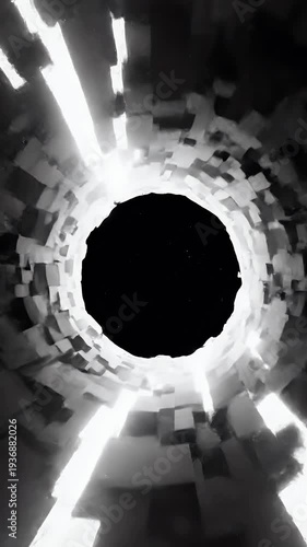 Abstract circular design featuring fragmented geometric shapes in grayscale tones against a stark black background modern tech logo concept for innovation and digital transformation