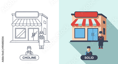 Outline and Solid Color Storefront Illustrations with Salesperson, Retail Shop Concept