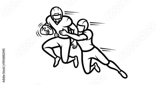 Football player running with the ball while being tackled by another player.