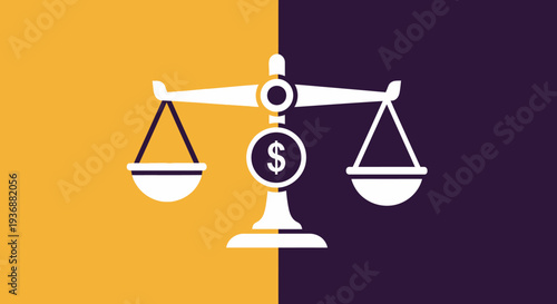 Financial Balance Scale with Dollar Sign on Split Yellow and Dark Purple Background