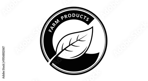 Circular black and white organic farm product logo featuring a stylized leaf, representing natural and healthy goods on an isolated white background
