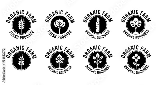 Collection of eight circular black and white organic farm product labels, featuring wheat, tree, and leaf designs on an isolated white background