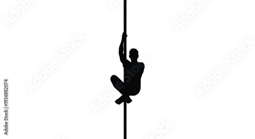 Silhouette of a pole dancer hanging from a vertical pole against a stark white background