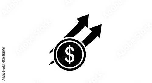 Black dollar coin with two upward arrows illustrating financial improvement and increasing value on an isolated white background