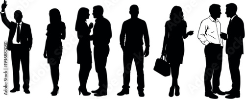 Business people silhouettes vector collection featuring corporate men and women standing, talking and greeting isolated black office worker set