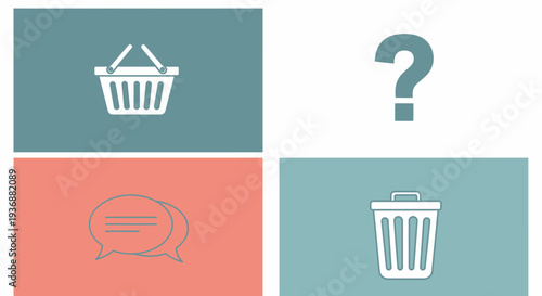 Set of four interface icons on colored squares: shopping cart, question mark, chat bubble, and trash bin, representing common digital functions