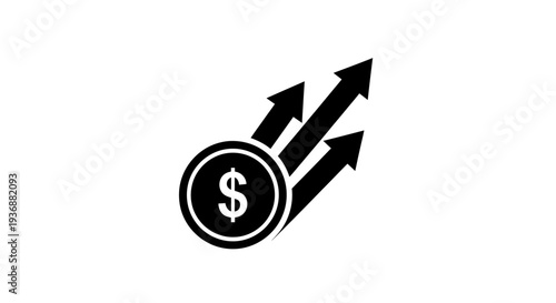 Black dollar coin with three upward arrows illustrating financial growth and increasing profit on an isolated white background