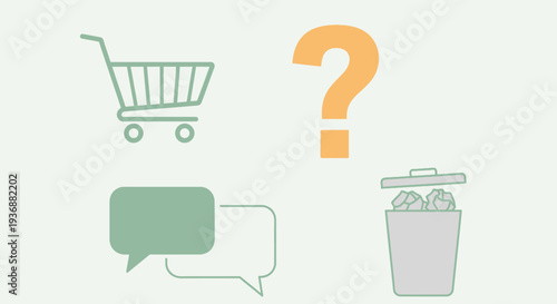 E-commerce and customer support icons with shopping cart, question mark, chat bubble, and trash bin on light green background.