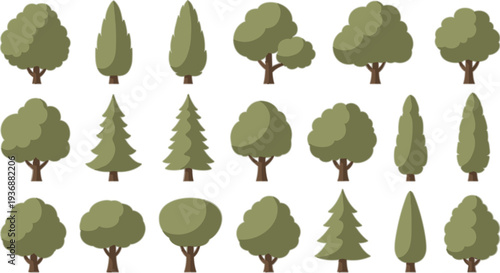 Cartoon tree collection vector illustration featuring deciduous and pine trees in flat green forest style isolated nature set