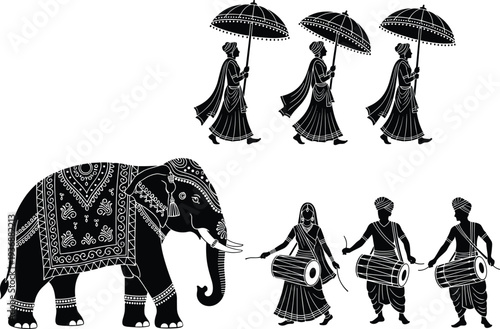 Traditional tribal procession with decorated elephant, cultural dance performance silhouettes, ethnic festival celebration, folk heritage art illustration isolated vector