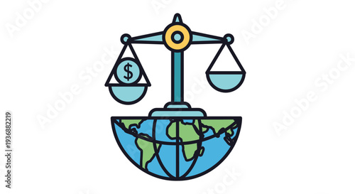 Colorful balance scale with money and empty pan over Earth globe, symbolizing global finance and economic justice, isolated white background.