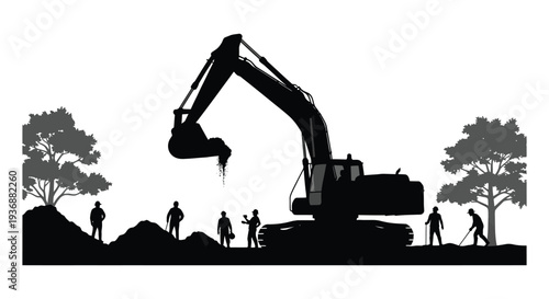 A black silhouette of an excavator and construction workers against a cloudy sky high quality professional