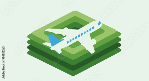 Isometric airplane flying above stacked green geometric layers, representing logistics and global transport.