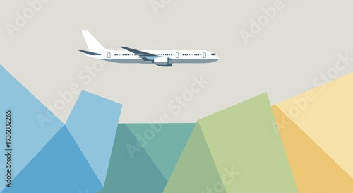 Abstract geometric landscape with a flying airplane, symbolizing global travel and journey.