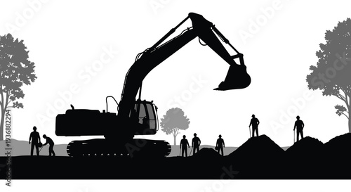 Silhouette of a large excavator and construction workers against a cloudy sky backdrop high quality professional