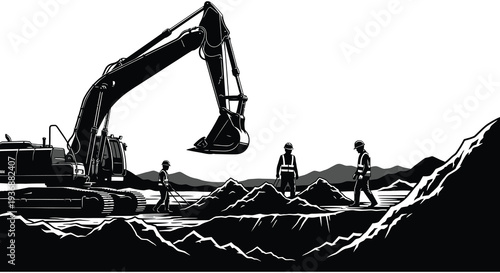 A black and white illustration depicts an excavator and construction crew working on a hillside