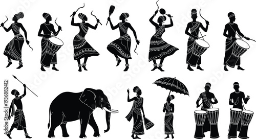 Traditional African culture silhouettes, tribal dancers drummers elephant procession, ethnic folk dance celebration, heritage festival people vector illustration