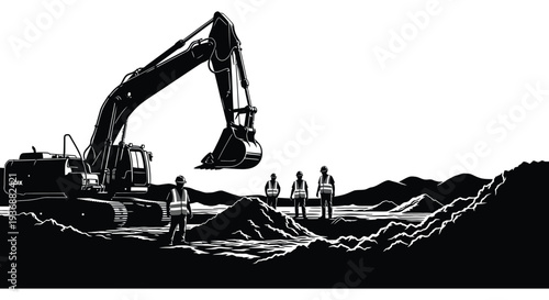 A black and white illustration depicts an excavator working on a construction site with workers