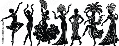 Silhouette dancers collection, vintage dance women illustration, elegant dancing poses, retro performer figures, ballroom cabaret flamenco style vector art