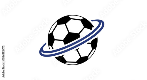 Stylized soccer ball with blue ring graphic illustration.