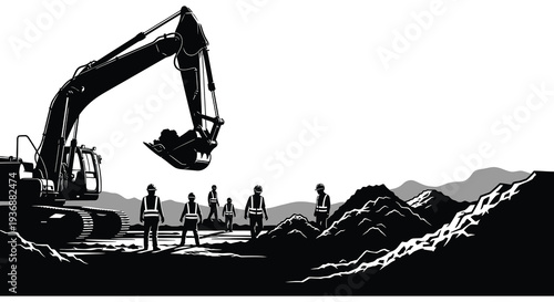 A black and white illustration depicts a construction site with an excavator and workers high quality