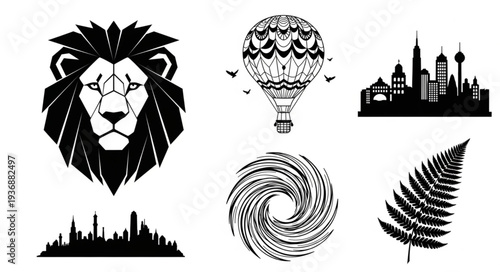Collection of black and white vector illustrations featuring diverse subjects and designs.