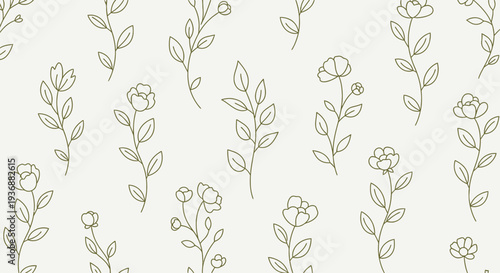 A vintage inspired floral pattern featuring various botanical illustrations on a cream colored background