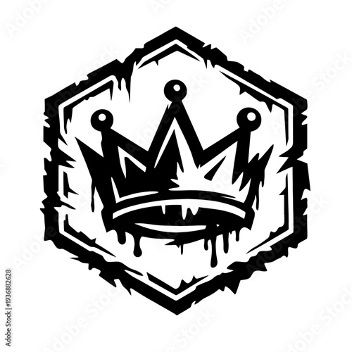 Dynamic black and white grungy crown logo with dripping ink effect, encased in a distressed hexagonal border. Perfect for urban streetwear, gaming, hip-hop, or rebellious brand designs, symbolizing ed
