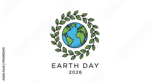 Earth Day 2026 logo with globe and leaves illustration.
