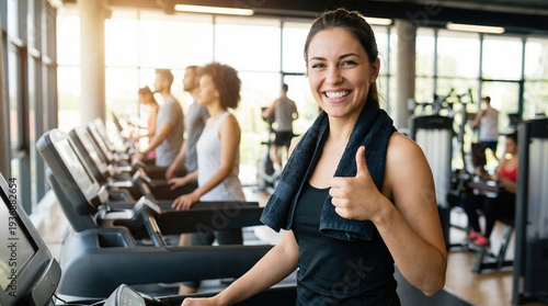 Happy young woman at gym showing thumbs up after good fitness exercise. smiling female enjoying her healthy workout on treadmill with people in background