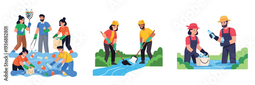 People cleaning riverbank with trash bags and tools