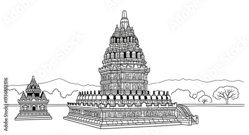 Intricate architectural illustration showcasing the majestic temple structures with detailed design.