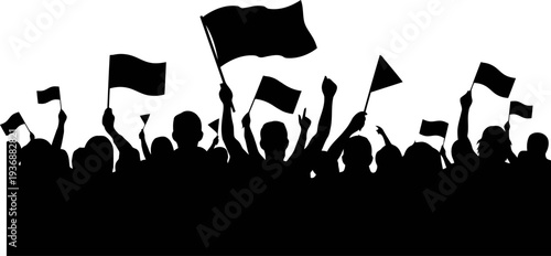 Independence day crowd waving flags silhouette vector.