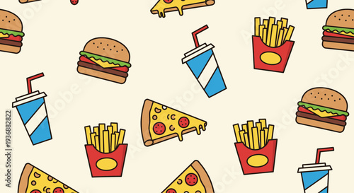 Fast food pattern with burgers fries pizza and drinks