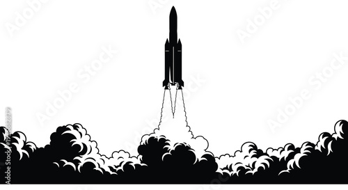 A black and white illustration depicts a rocket launching with fiery exhaust and cloud formations